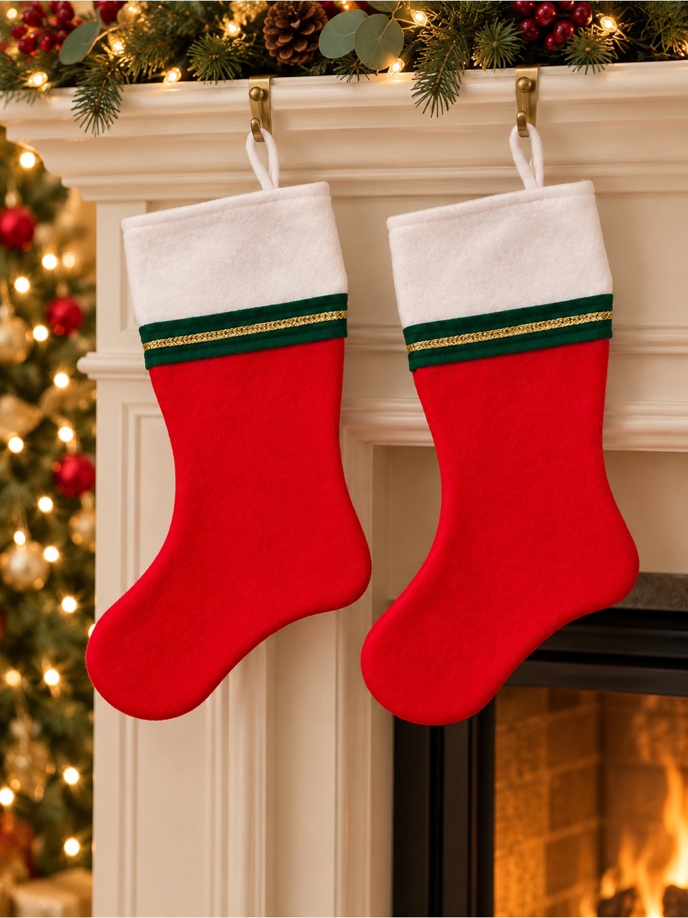12.5” Red Christmas Stockings with Green & Gold Trim – Pair of 2
